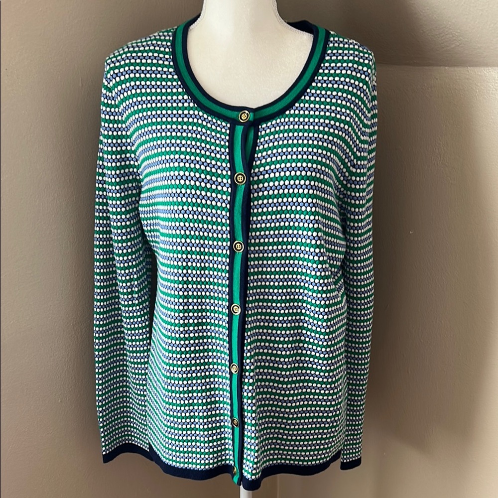Appleseed’s Women's Emerald Green and Navy Blue Striped, polka dot sweater.